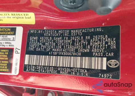 2013 Toyota Camry Se из США, поврежденный, VIN 4T1BF1FK9DU678438